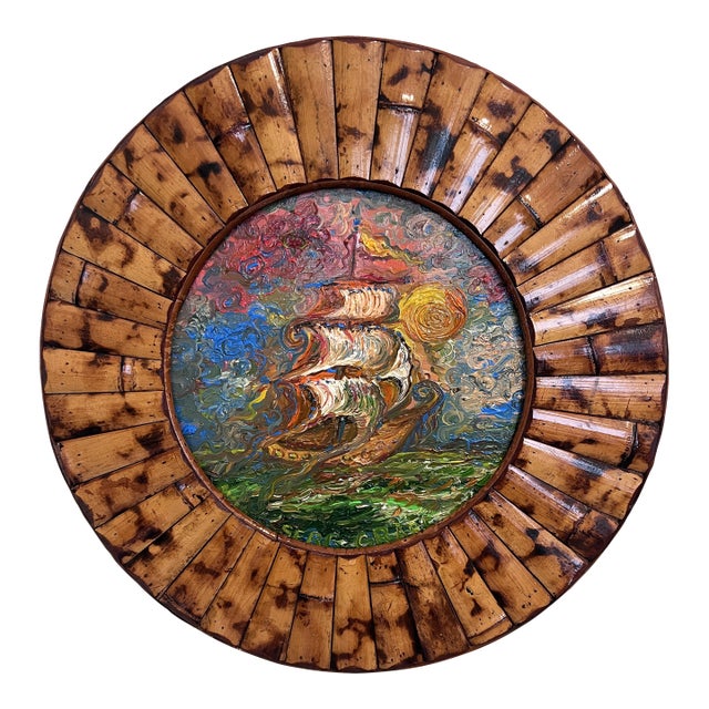 Serg Graff “Golden Voyage” Original Oil Painting Ship at Sea Round Wood Frame For Sale