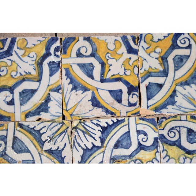 Ceramic 17th Century Portuguese Antique Tiles Set of 6 Blue, Yellow & White Geometric Floral For Sale - Image 7 of 10