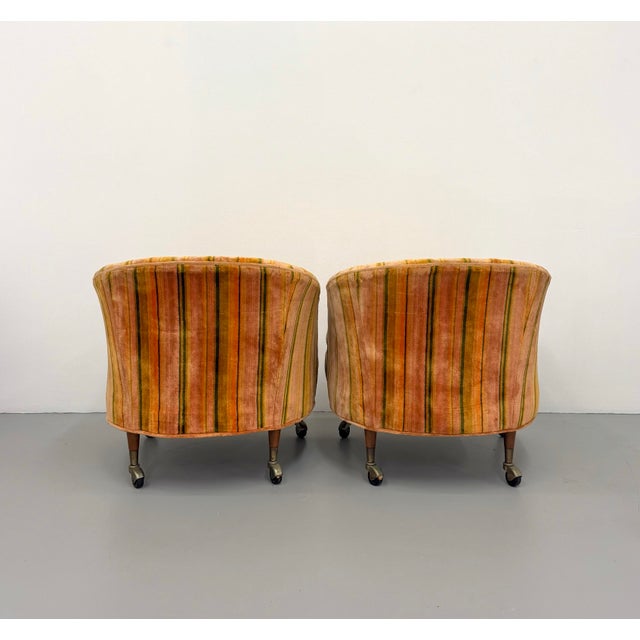 Mid 20th Century Vintage Barrel Back Lounge Chairs on Brass Casters – Pair For Sale - Image 5 of 8