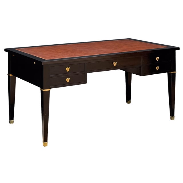 French Large French Louis XVI Ebonized Writing Table or Desk With Embossed Leather Top For Sale - Image 3 of 15