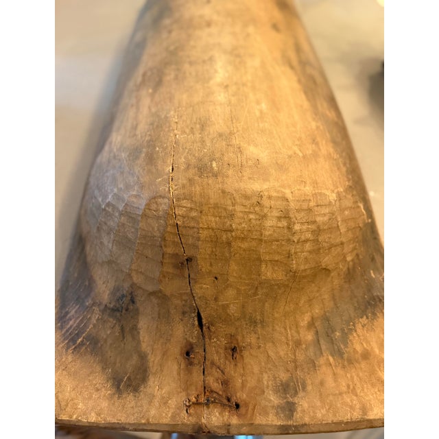 Wood Antique Hand-Carved Primitive Wooden Dough Bowl With Early Wire Repairs – 42” For Sale - Image 7 of 8