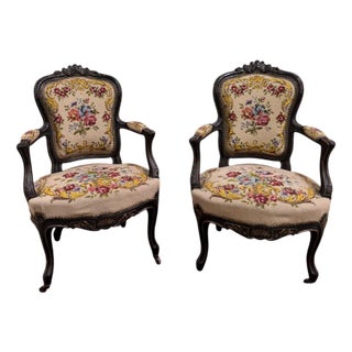 Louis Xv Style Armchairs in Blackened Wood, Set of 2 For Sale