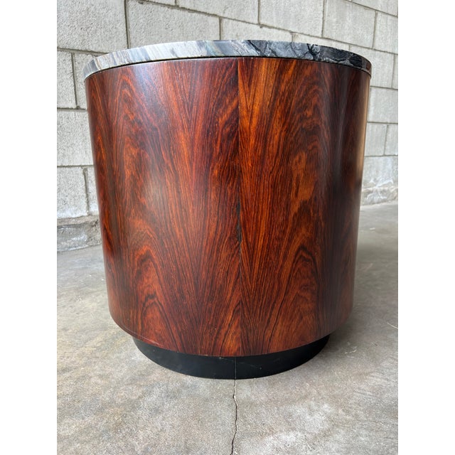 Mid-Century Modern Harvey Probber Style Rosewood Drum Side Table / Bar Cabinet With Silver Wave Marble Top For Sale - Image 3 of 11