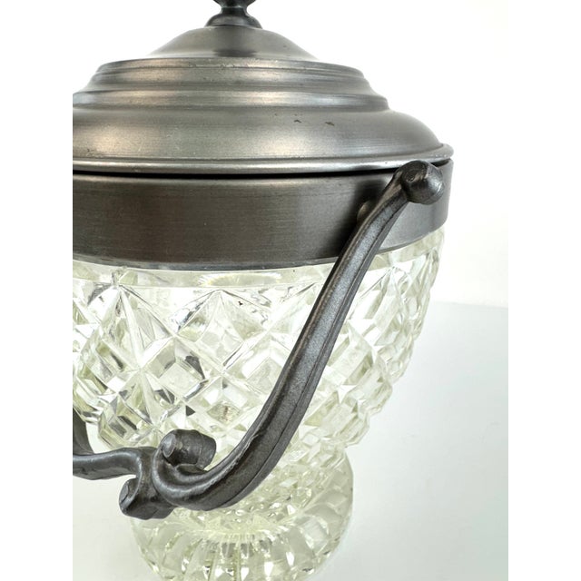 Metal Vintage Cut Glass Ice Bucket With Pewter Lid and Swing Handle Barware For Sale - Image 7 of 11
