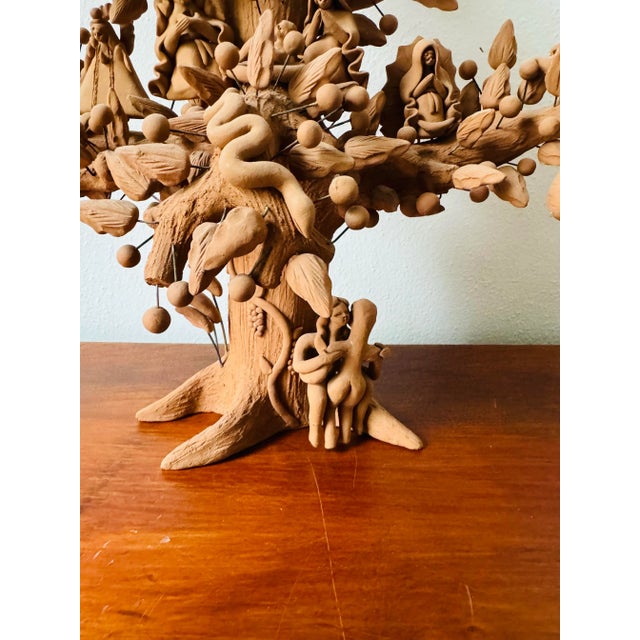 Late 20th Century Signed Unglazed Vintage Guillermina Aguilar Adam & Eve Tree of Life Pottery Sculpture For Sale - Image 5 of 12