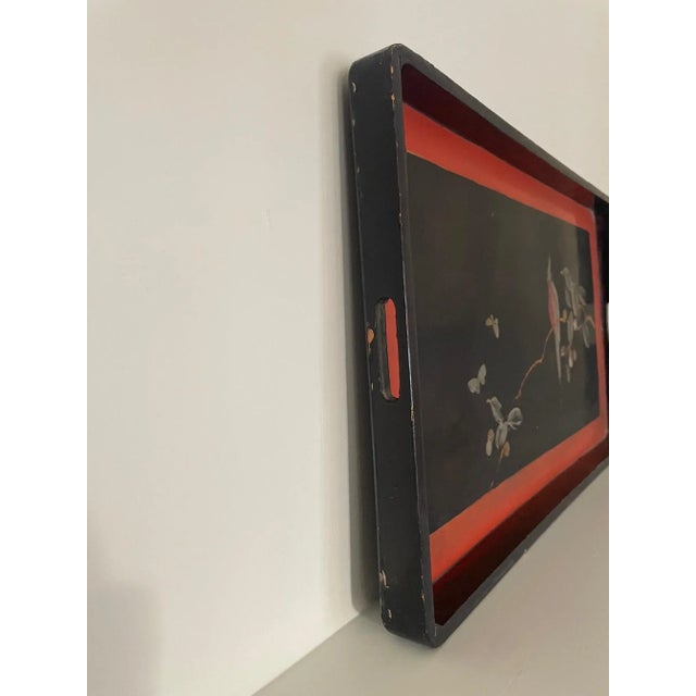 Vintage Chinoiserie Black Lacquer Hand Painted Double Handled Tray For Sale In Houston - Image 6 of 10