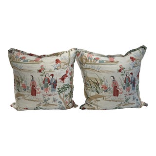 Schumacher Yangtze River 26x26” Euro Pillows Custom and Zipper Inserts in Aqua - A Pair For Sale