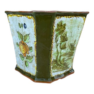 Mid-Century Modern Italian Hexagonal Ceramic Planter With Green and Yellow Floral Design For Sale