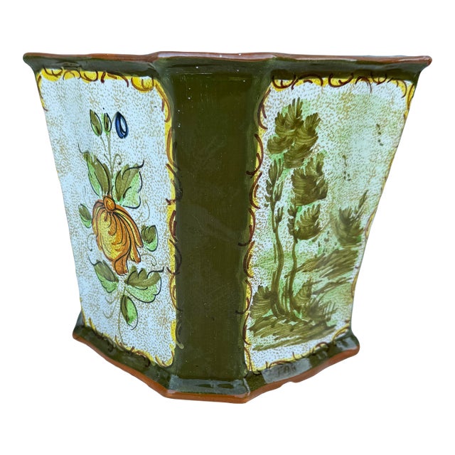 Mid-Century Modern Italian Hexagonal Ceramic Planter With Green and Yellow Floral Design For Sale