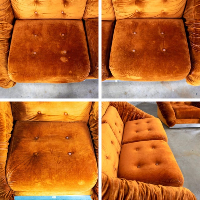 Late 20th Century Modern to Postmodern Low-Slung Loveseat & Chair Set Burnt Orange Velvet & Aluminum Detail For Sale - Image 16 of 18