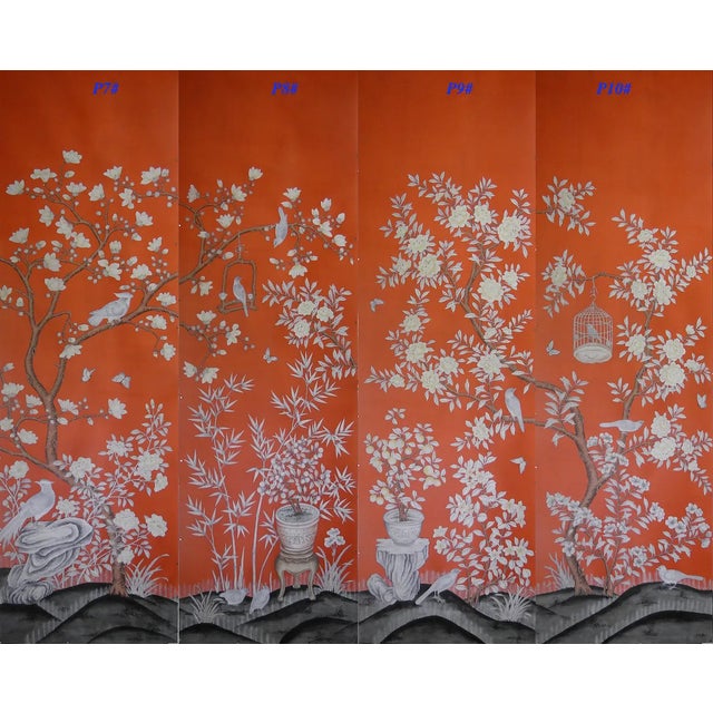 Chinoiserie 36"x108" Hand-Painted Silk Chinoiserie Wallpaper Panel in Orange Red on Sale For Sale - Image 3 of 7