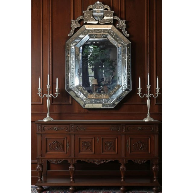 Hollywood Regency Antique or Vintage Octagonal Venetian Etched Glass Mirror With Etched Floral Design For Sale - Image 3 of 18
