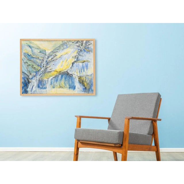 Presentation of a mountain landscape. Watercolor and gouache on carton. Hanging, framed in an ash wood picture frame.