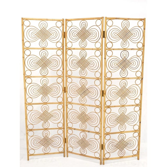 Mid Century Stunning Pattern Three Panel Bamboo Rattan Room Divider Screen For Sale - Image 10 of 11