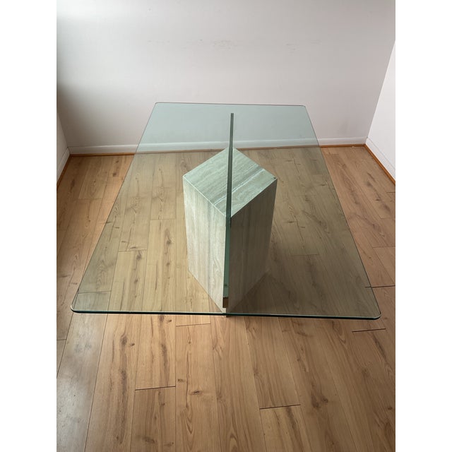1980s Stellar Vintage Italian Travertine Single Diamond Base Glass Dining Table For Sale - Image 5 of 11