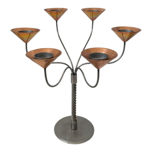 MCM Aristo-Style 6 Tealight Candle Copper & Metal Twisted Stem 15” Candelabra