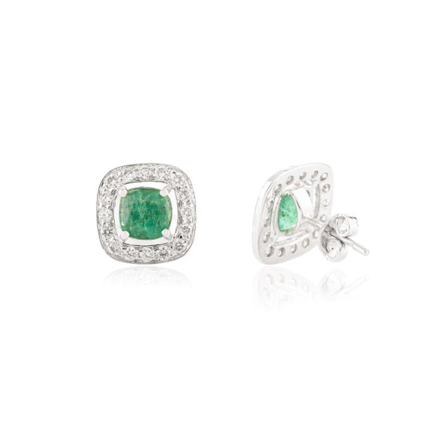 Not Yet Made - Made To Order 2.63 Ct Cushion Cut Emerald and Diamond Halo Stud Earrings- 2 Pieces For Sale - Image 5 of 9