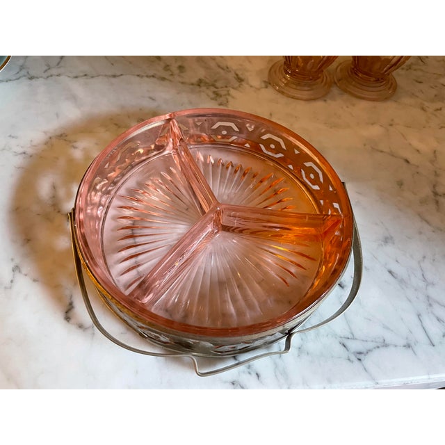 Vintage pink depression glass divided tray can be used for hors d'oeuvres or as a candy tray. My grandmother used it for...
