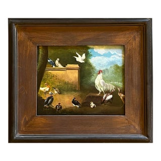 Oil Painting of a Farmyard With Birds, Geese, Pigeons and Rooster. For Sale