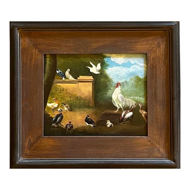 Oil Painting of a Farmyard With Birds, Geese, Pigeons and Rooster. For Sale