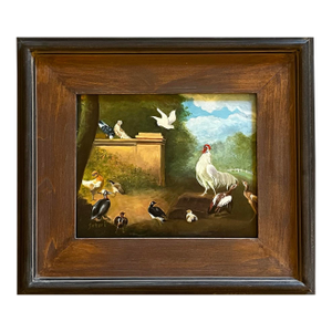 Oil Painting of a Farmyard With Birds, Geese, Pigeons and Rooster.