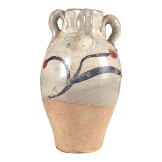Vintage Folk Pottery Twin-Handled Jar – Slip-Painted Earthenware Vessel For Sale