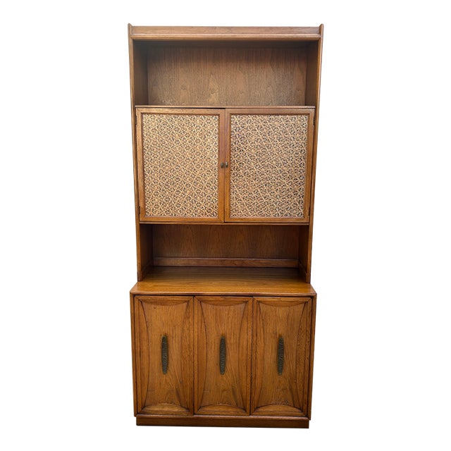Heritage Mid-Century Buffet and Cane Wood Hutch China Cabinet. For Sale
