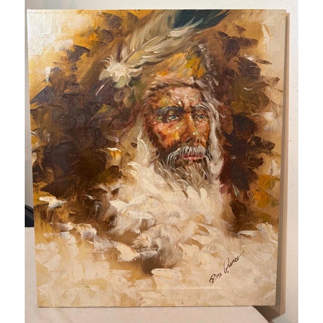 Indian Share Large Vintage Original Expressive American Indian Roy Pierce Oil Painting Canvas For Sale - Image 3 of 11