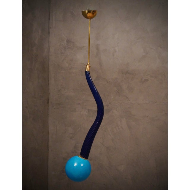 Murano Round Blue Glass and Brass Pendant Light, 1960 For Sale - Image 10 of 11