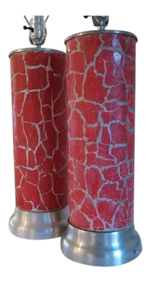 1940s Vintage Bouck Red & White Crackle Column Lamps - A Pair