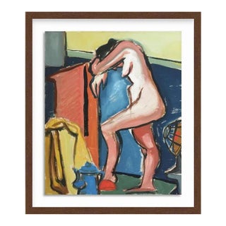 1950s "Too Much" Mid Century Nude Gouache Painting Blue, Orange, Yellow For Sale