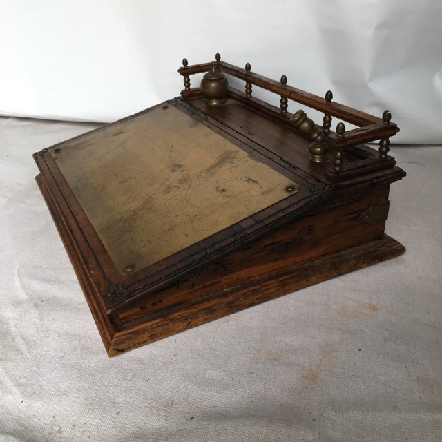 19th century wooden bankers tellers desk with brass plate Top lifts for Storage as shown
