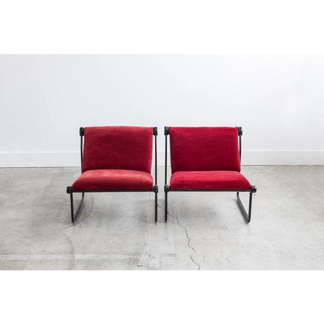 Knoll Aluminum Sling Lounge Chairs by Bruce Hannah and Andrew Morrison in Crushed Red Velvet 1960s For Sale - Image 6 of 8