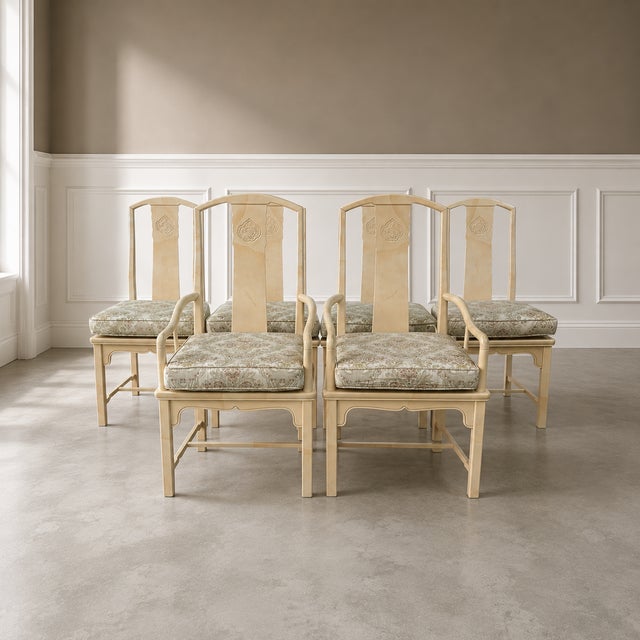 Chinoiserie Vintage Late 1970s Set of 6 Henredon Chinoiserie Dining Chairs – Cream Lacquer, Cane Seats, Custom Cushions For Sale - Image 3 of 14