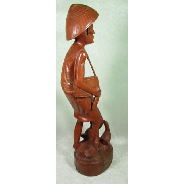 Mid 20th Century Carved Wooden Asian Fisherman Figurine Sculpture For Sale - Image 4 of 12