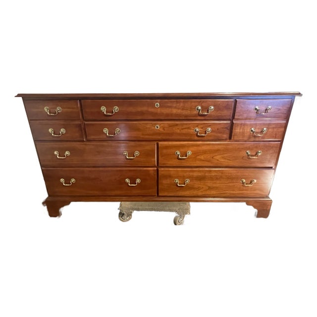 1990s Stickley Hudson Valley Collection Solid Cherry Triple Dresser With Bracket Feet and Solid Brass Bail Pulls. For Sale