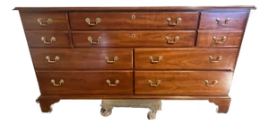 1990s Stickley Hudson Valley Collection Solid Cherry Triple Dresser With Bracket Feet and Solid Brass Bail Pulls.