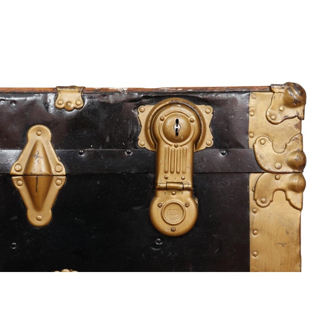 Black Early 20thC Flat Top Steamer Trunk For Sale - Image 8 of 14