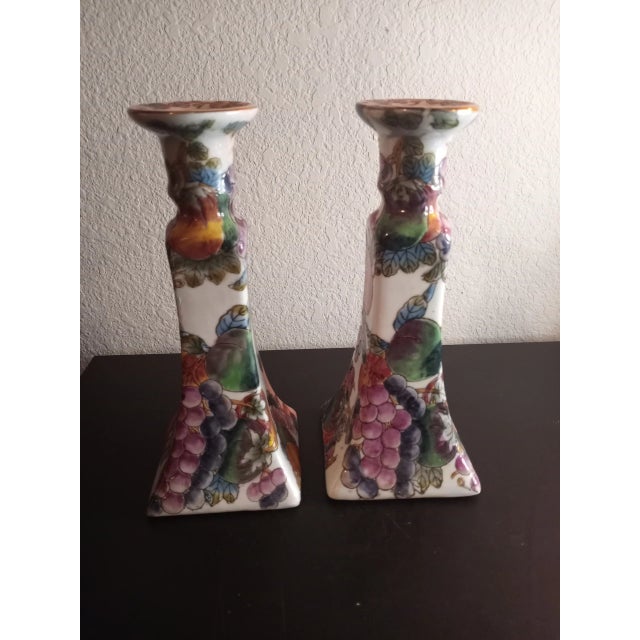 Contemporary 1980s Porcelain Hand Painted Floral Candle Holders - a Pair For Sale - Image 3 of 5