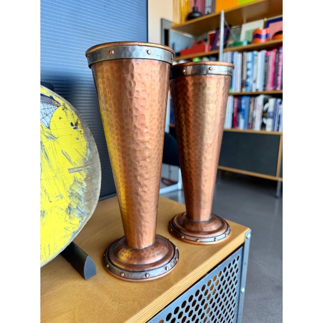 Antique Arts & Crafts Riveted Copper Trumpet Vases Pair Joseph Heinrichs Benedict Art Studio Attr. For Sale - Image 10 of 14