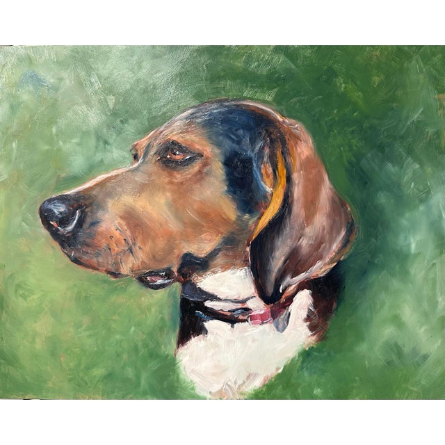 This captivating original oil painting on wood panel, features a soulful and detailed profile of a tricolor hound dog. The...