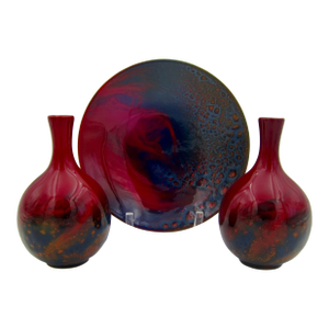 1930s English Veined Flambe Doulton Art Pottery Trio