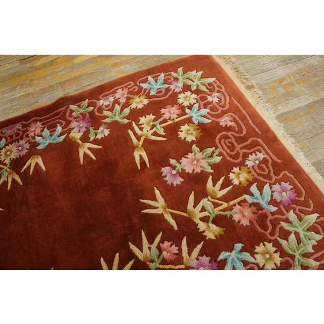 Ruby Red 1930s Ruby Red Floral Antique Chinese Art Deco Carpet 4'4" X 6'6" Knotted Wool Rug For Sale - Image 8 of 12