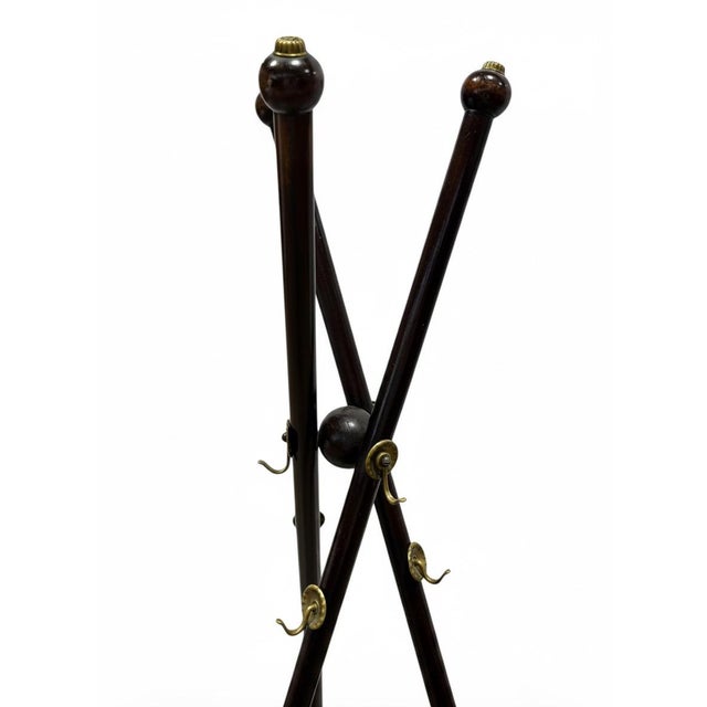1950s Vintage Mahogany Wood Coat & Hat Rack With Brass Hooks For Sale - Image 5 of 10