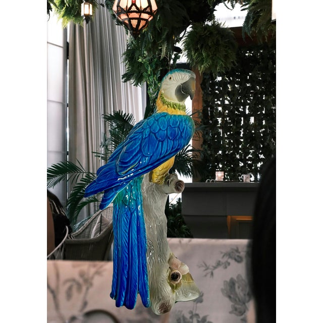 Mid 20th Century Large Mid Century Italian Royal Blue and Yellow Ceramic Hand Painted Majolica Macaw (Parrot) For Sale - Image 5 of 12