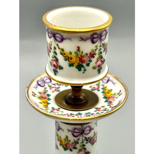 Louis XVI Revival Porcelain Candlesticks with Floral Garlands and Gilt Metal Mounts in the style of Sèvres, 1890s, Set of 2 For Sale - Image 3 of 18