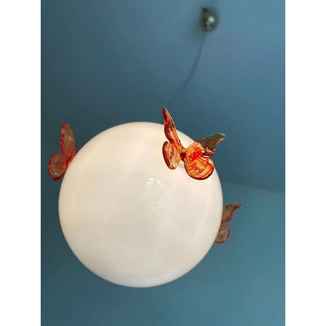 Murano Glass Opalino Pendant with Red Butterfly Chandeleir Italian Diameter max 50 cm = 19.7" Murano Glass Opalino Pendant...