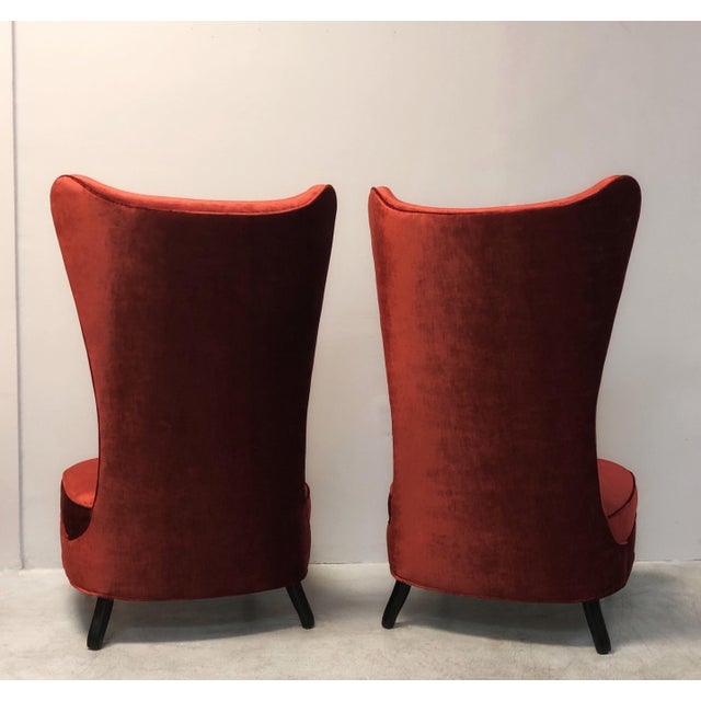 Red 1990s Paolo Buffa Style Red Velvet Tall Back Slipper Chairs - A Pair For Sale - Image 8 of 13