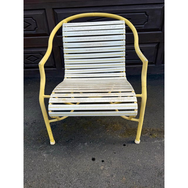 Mid 20th Century Vintage MCM Yellow Aluminum Patio Chairs Set of 4 White Vinyl Strap Retro For Sale - Image 5 of 8