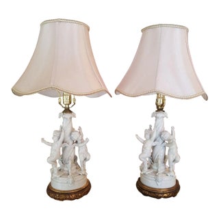 1980s Vintage Blanc De Chine Putti Lamps - A Pair For Sale